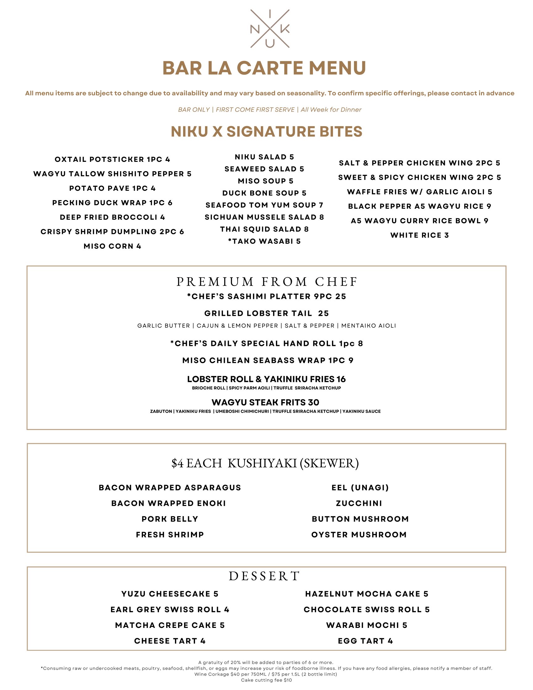 NIKU X | Bar Menu
