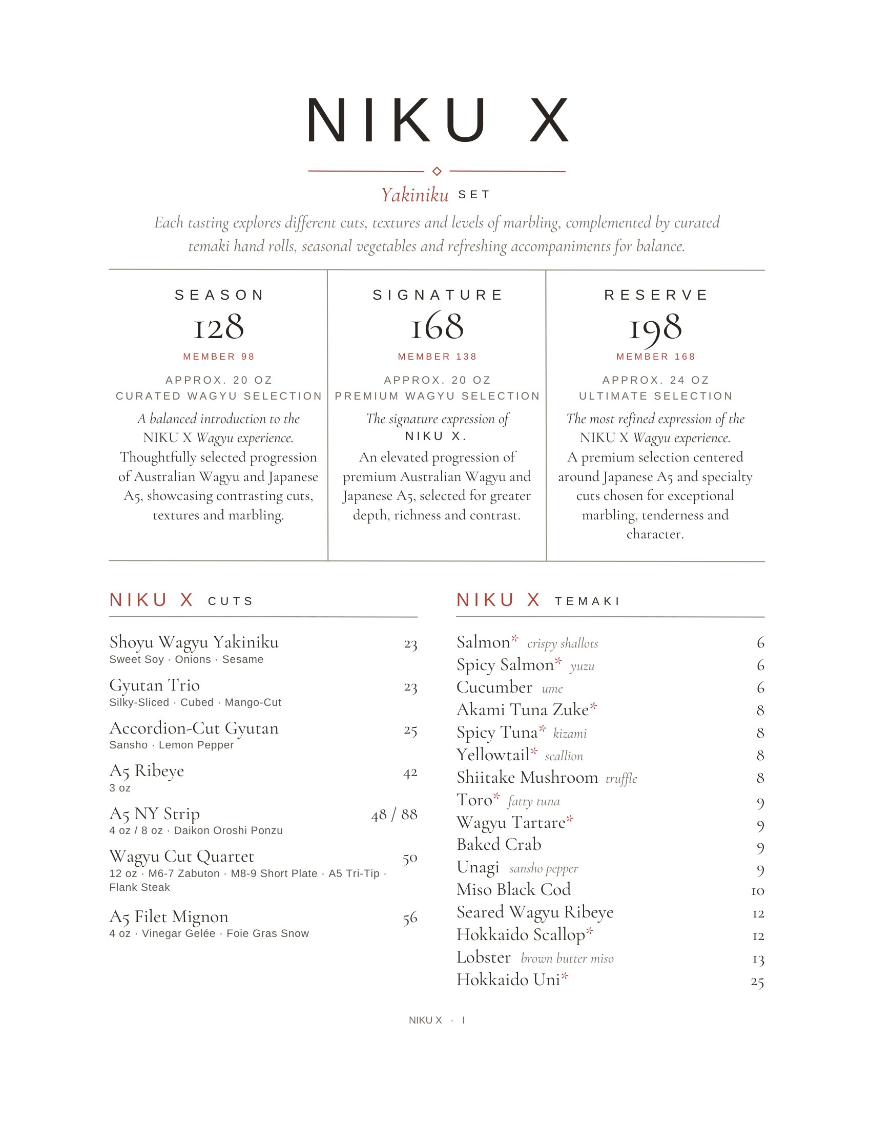 NIKU X | A La Carte Menu