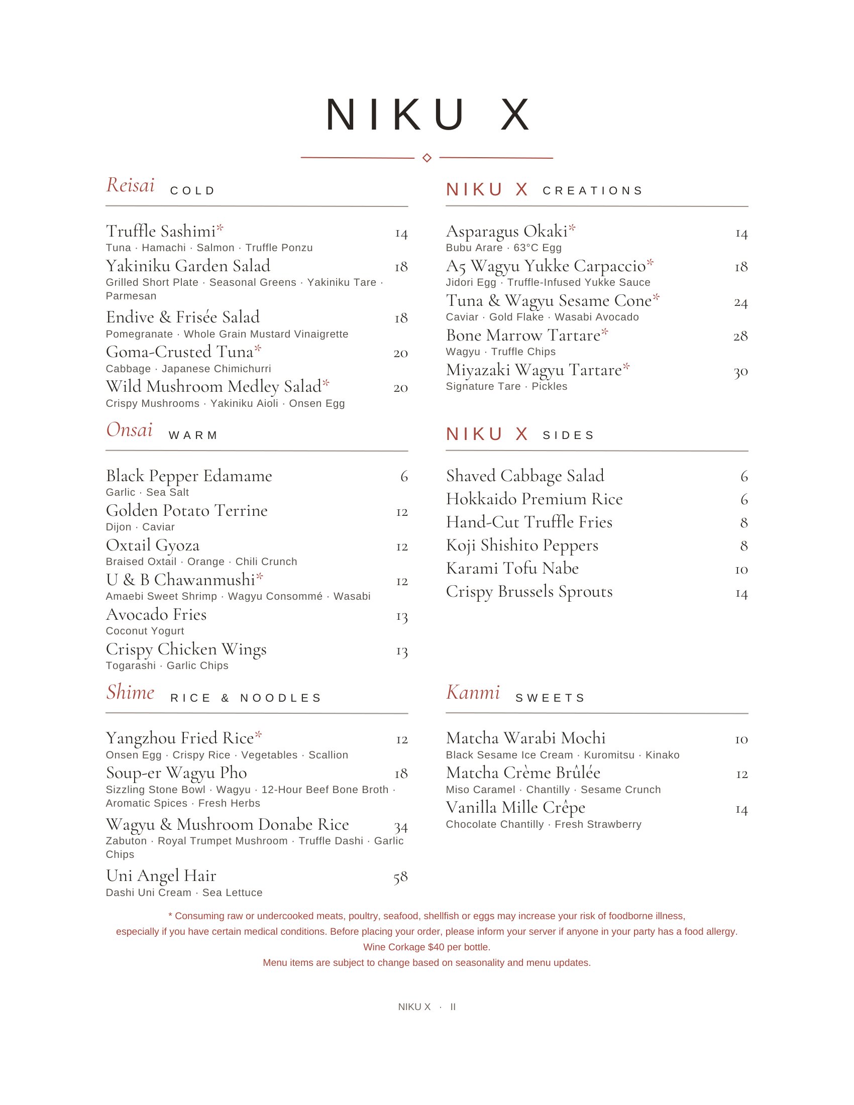 NIKU X | A La Carte Menu